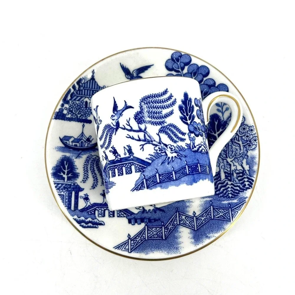 Coalport Blue Willow Demitasse Cup & Saucer Set Bone China Gold Trim - Damaged